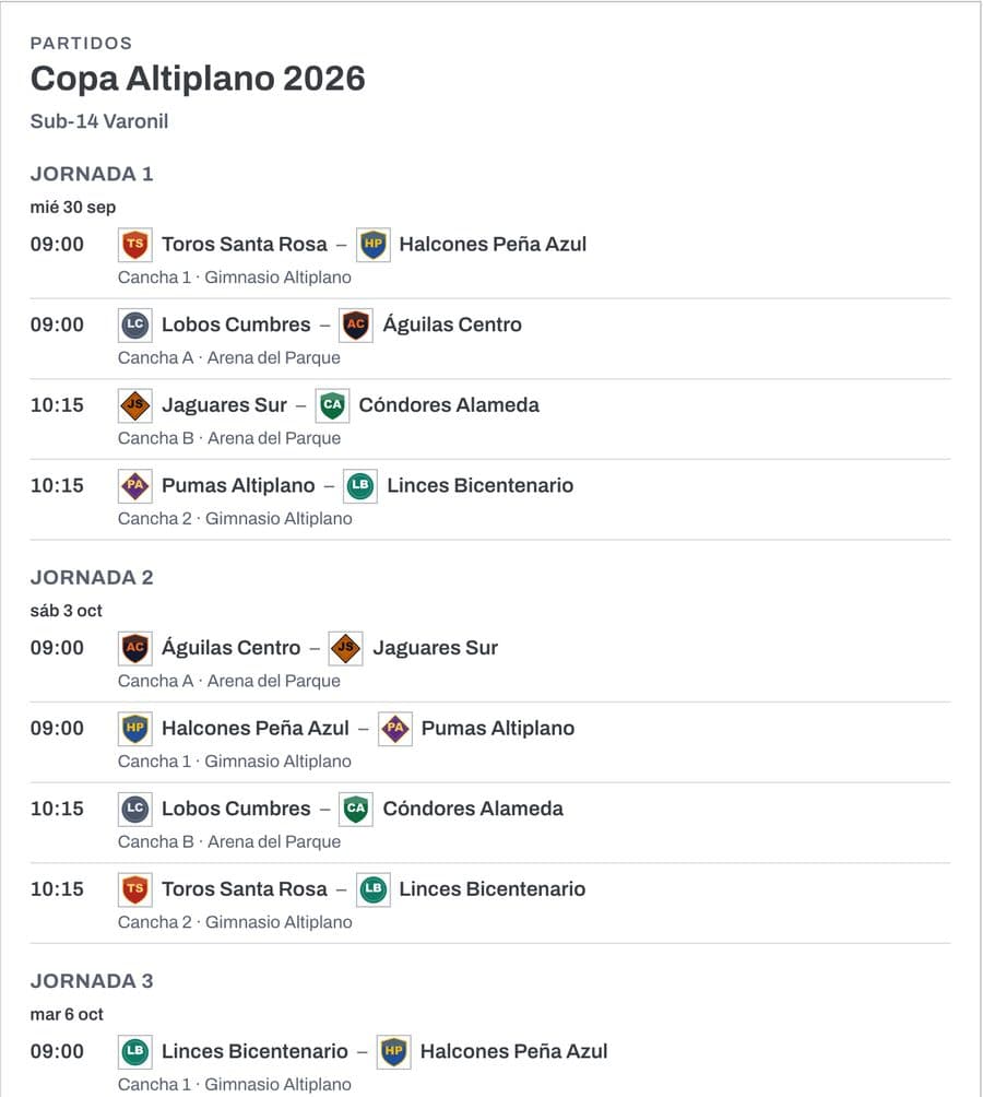 Cartel del rol de Sub-14 en hoja carta, con los partidos por jornada y el escudo de cada equipo